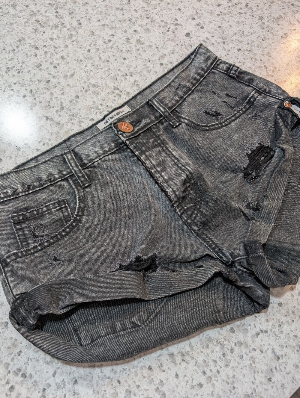 Revolve One Teaspoon 27 Bandits Shorts Grey Black Denim High Rise Raw Hem Boho